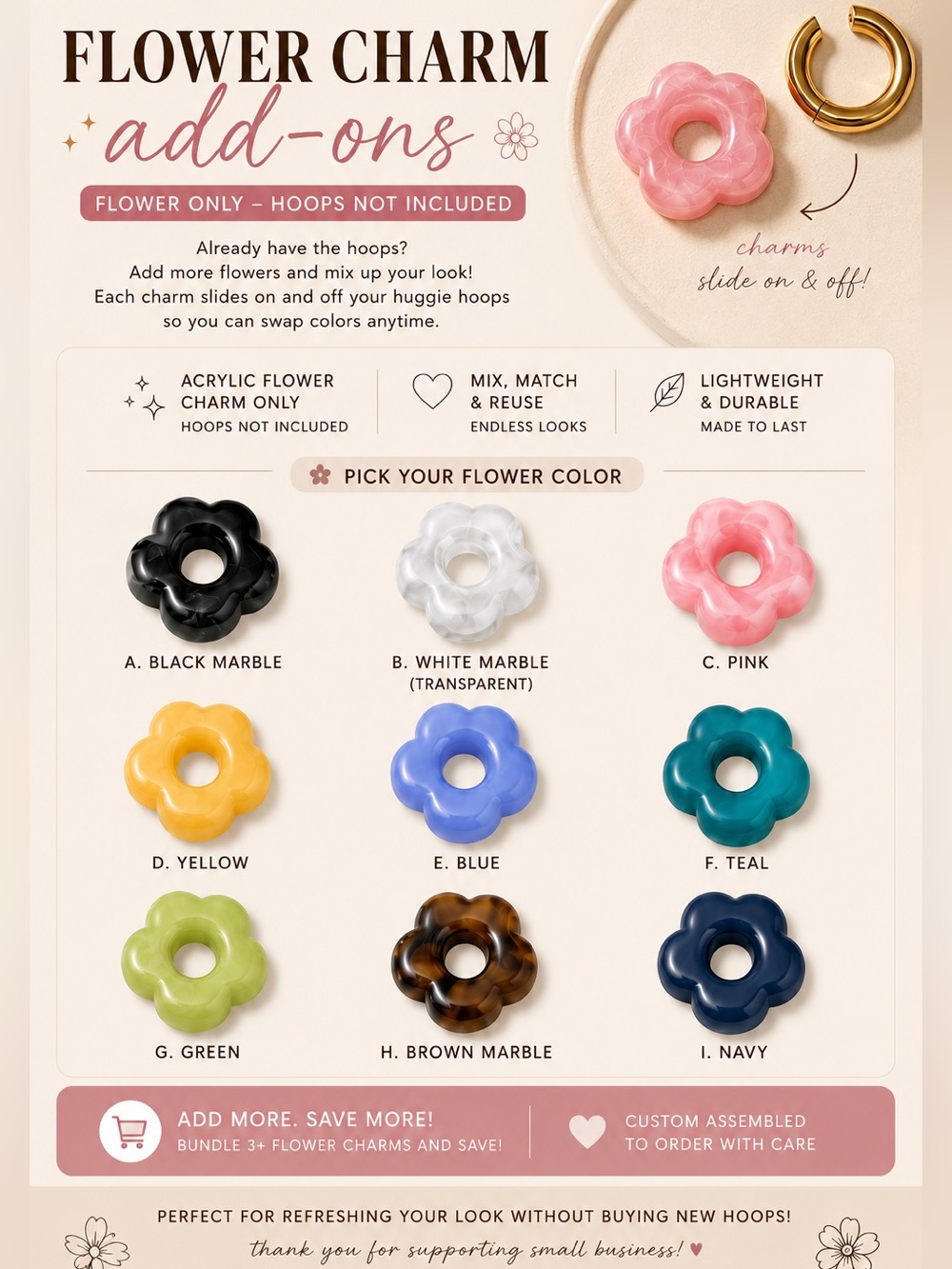 Flower Earring Charm Add-On or Replacement Acrylic Flowers for Huggies
